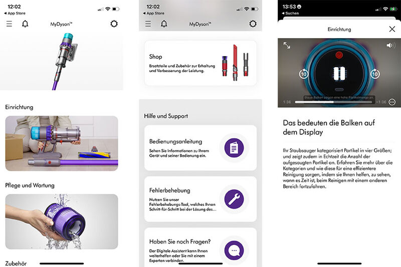 Screenshots of the Dyson mobile app.